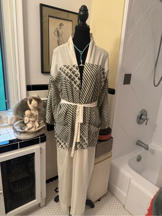 Evan Picone Other - Evan Picone Olive and White Striped Tie-Belt Swim Coverup